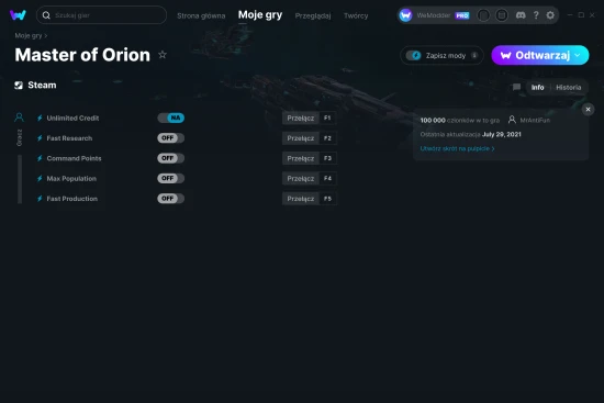 cheaty Master of Orion zrzut ekranu