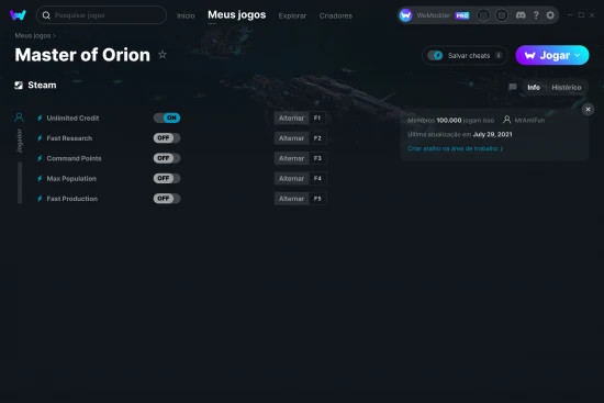 Captura de tela de cheats do Master of Orion