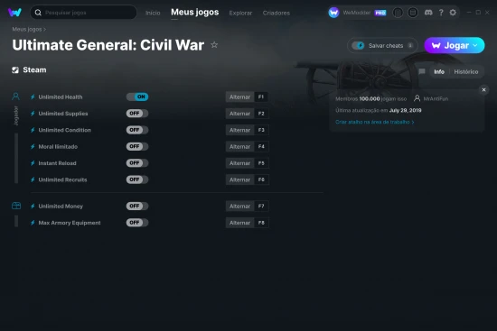 Captura de tela de cheats do Ultimate General: Civil War