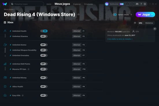 Captura de tela de cheats do Dead Rising 4 (Windows Store)