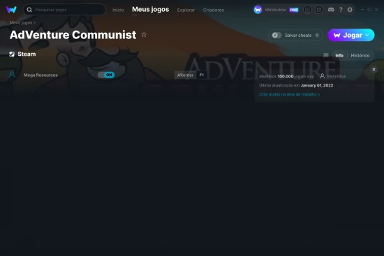 Captura de tela de cheats do AdVenture Communist