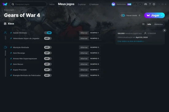 Captura de tela de cheats do Gears of War 4