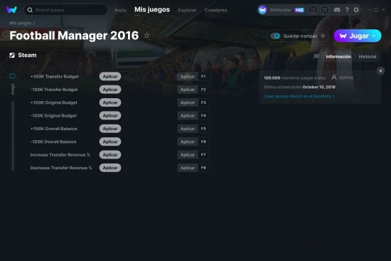 captura de pantalla de las trampas de Football Manager 2016