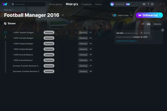 cheaty Football Manager 2016 zrzut ekranu
