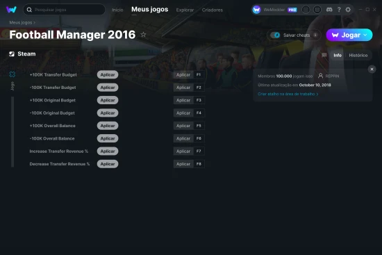 Captura de tela de cheats do Football Manager 2016
