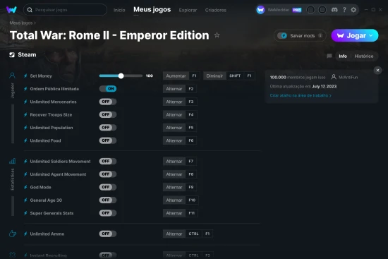 Captura de tela de cheats do Total War: Rome II - Emperor Edition
