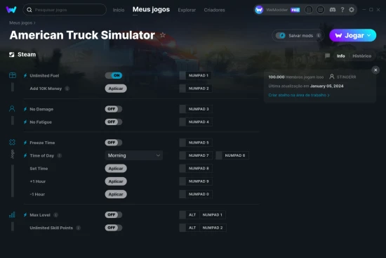 Captura de tela de cheats do American Truck Simulator