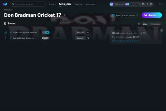 Capture d'écran de triches de Don Bradman Cricket 17