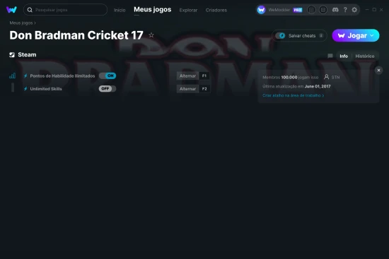 Captura de tela de cheats do Don Bradman Cricket 17