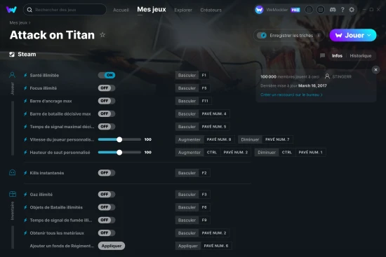 Capture d'écran de triches de Attack on Titan