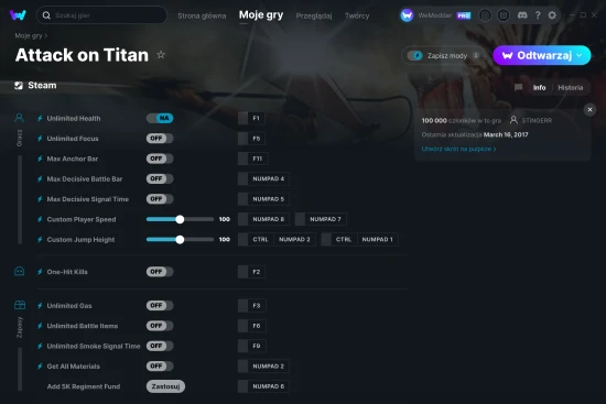 cheaty Attack on Titan zrzut ekranu