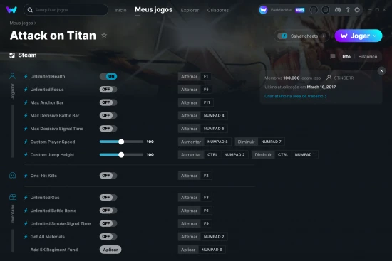 Captura de tela de cheats do Attack on Titan