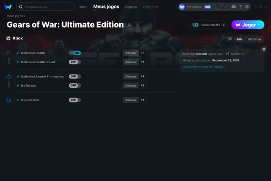Captura de tela de cheats do Gears of War: Ultimate Edition