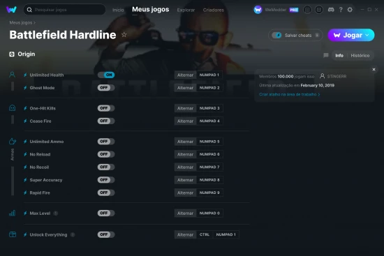 Captura de tela de cheats do Battlefield Hardline