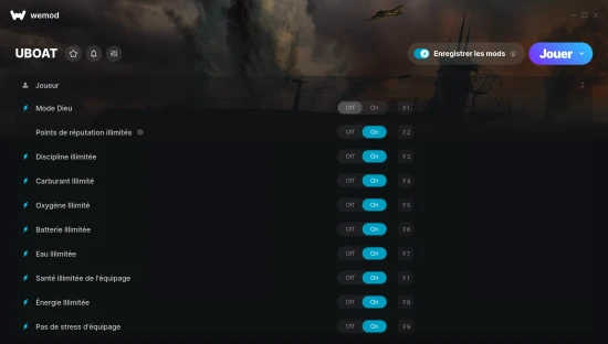 Capture d’écran des cheats pour UBOAT