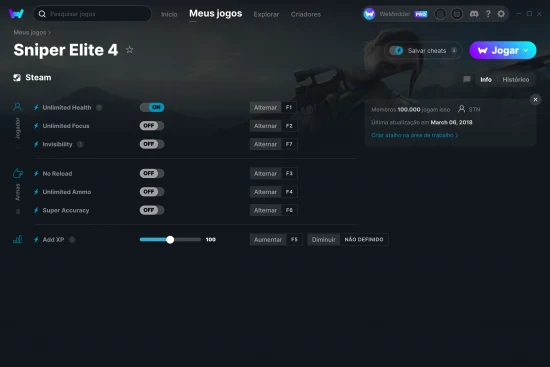 Captura de tela de cheats do Sniper Elite 4
