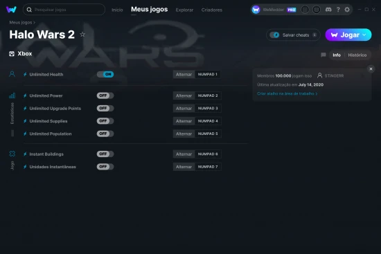 Captura de tela de cheats do Halo Wars 2