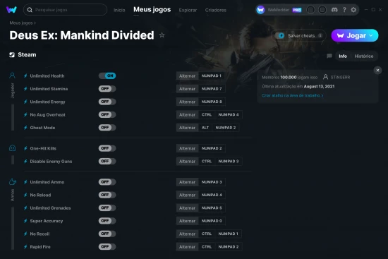 Captura de tela de cheats do Deus Ex: Mankind Divided