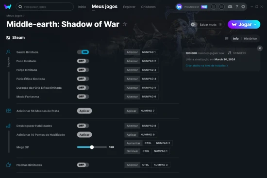 Captura de tela de cheats do Middle-earth: Shadow of War