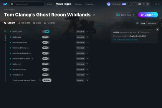 Captura de tela de cheats do Tom Clancy's Ghost Recon Wildlands