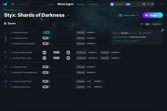 Captura de tela de cheats do Styx: Shards of Darkness