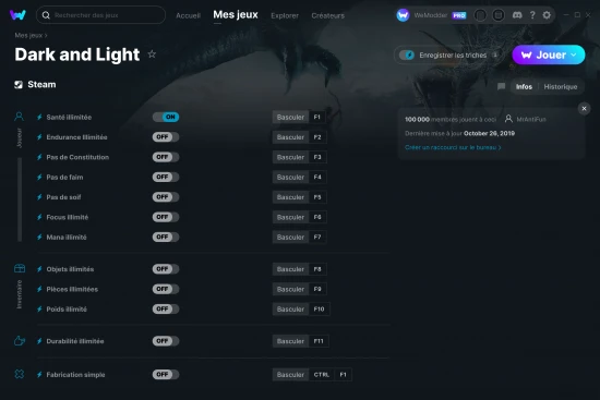 Capture d'écran de triches de Dark and Light