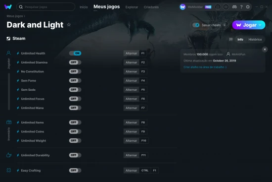 Captura de tela de cheats do Dark and Light