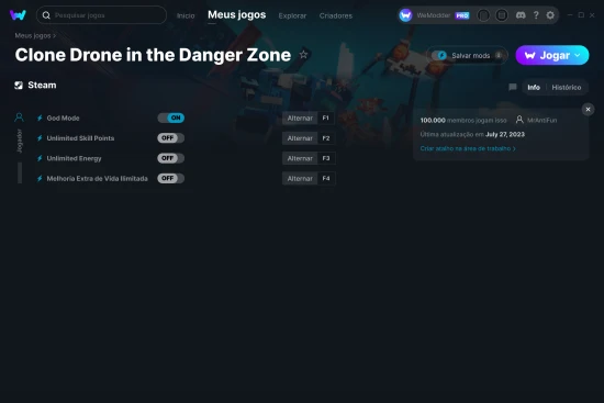 Captura de tela de cheats do Clone Drone in the Danger Zone