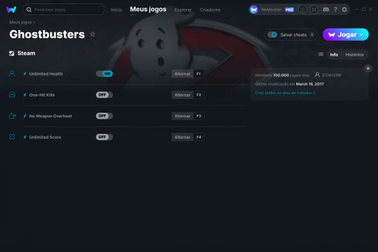 Captura de tela de cheats do Ghostbusters