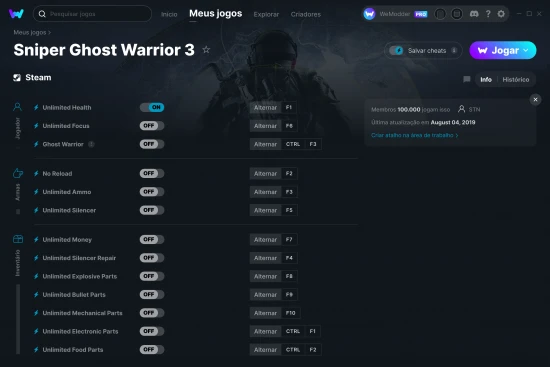 Captura de tela de cheats do Sniper Ghost Warrior 3