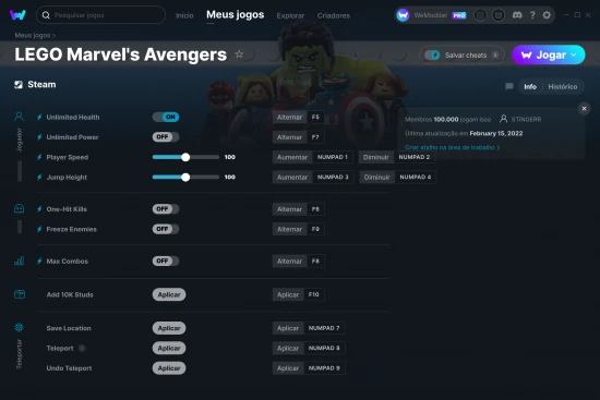 Captura de tela de cheats do LEGO Marvel's Avengers