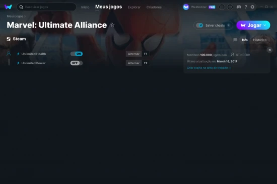Captura de tela de cheats do Marvel: Ultimate Alliance