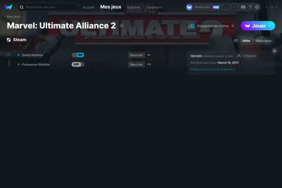 Capture d'écran de triches de Marvel: Ultimate Alliance 2