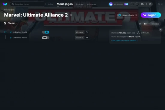 Captura de tela de cheats do Marvel: Ultimate Alliance 2
