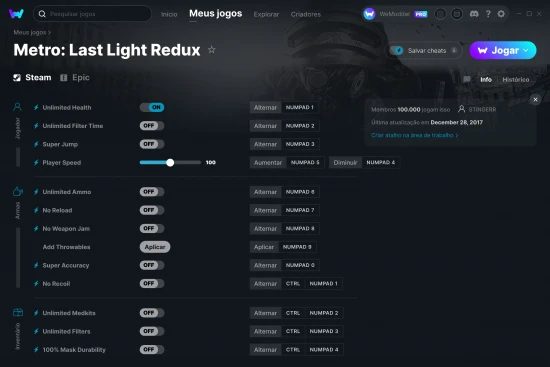 Captura de tela de cheats do Metro: Last Light Redux