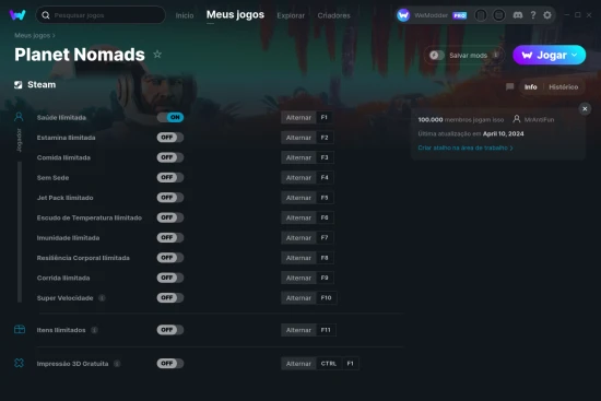 Captura de tela de cheats do Planet Nomads