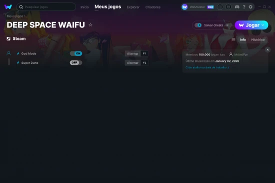 Captura de tela de cheats do DEEP SPACE WAIFU