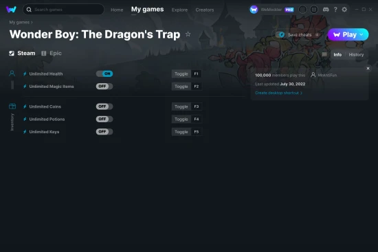 Wonder Boy: The Dragon's Trap cheats screenshot