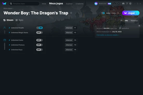 Captura de tela de cheats do Wonder Boy: The Dragon's Trap