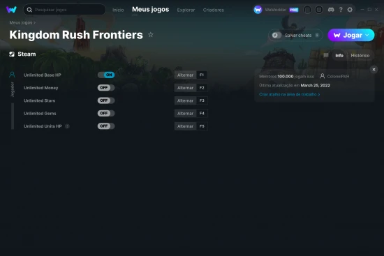 Captura de tela de cheats do Kingdom Rush Frontiers