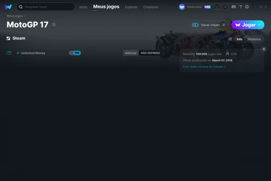 Captura de tela de cheats do MotoGP 17