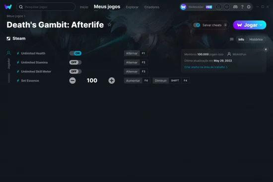 Captura de tela de cheats do Death's Gambit: Afterlife