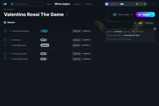 Captura de tela de cheats do Valentino Rossi The Game
