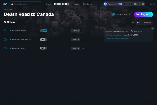 Captura de tela de cheats do Death Road to Canada