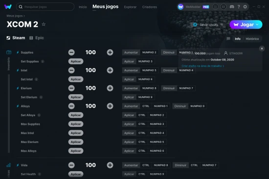Captura de tela de cheats do XCOM 2