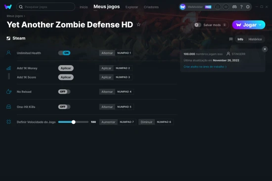 Captura de tela de cheats do Yet Another Zombie Defense HD