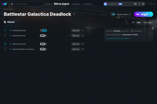 Captura de tela de cheats do Battlestar Galactica Deadlock