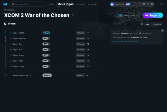 Captura de tela de cheats do XCOM 2 War of the Chosen