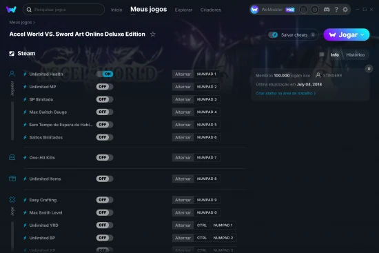Captura de tela de cheats do Accel World VS. Sword Art Online Deluxe Edition