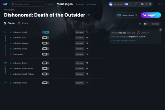 Captura de tela de cheats do Dishonored: Death of the Outsider